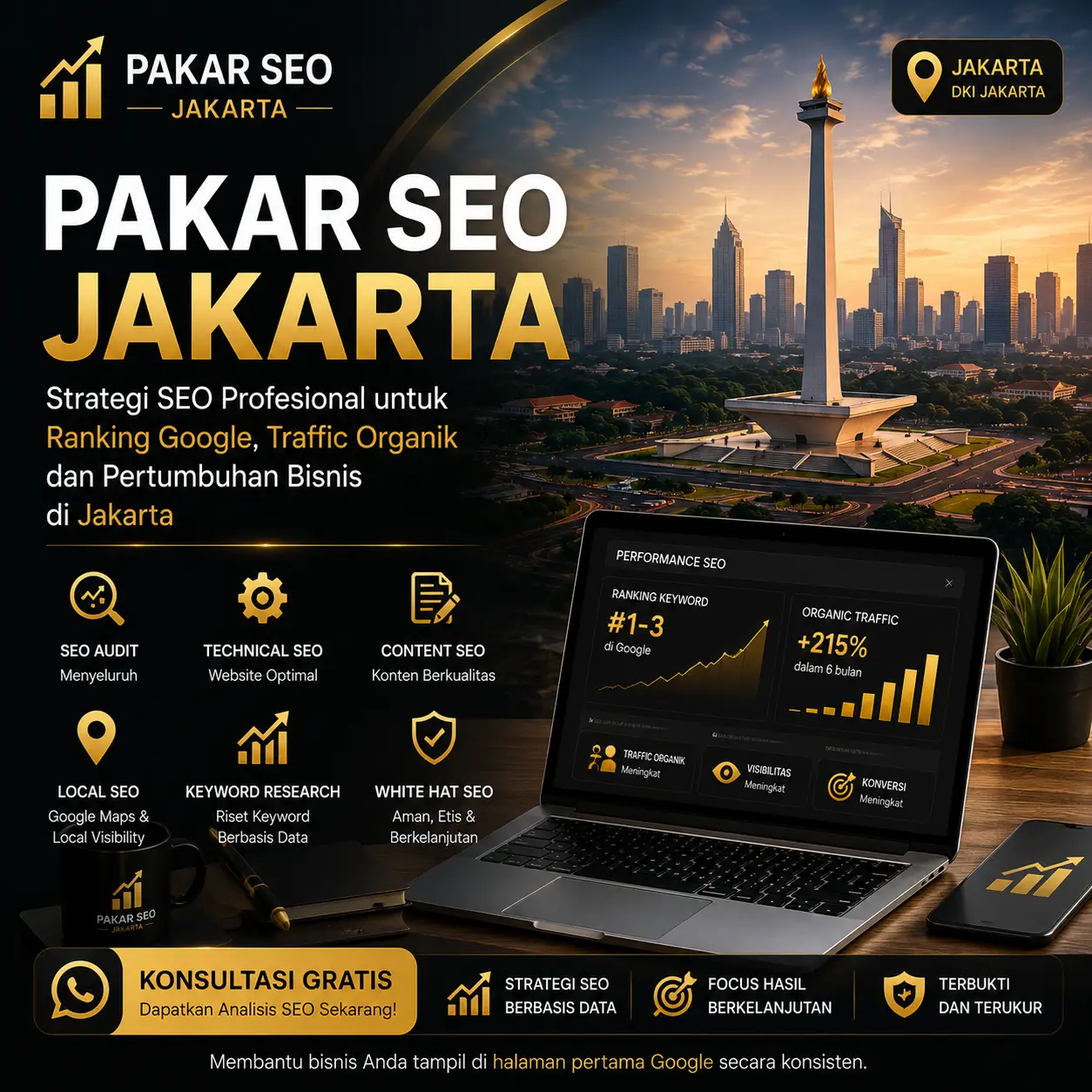 Pakar SEO Jakarta profesional membantu meningkatkan ranking Google, traffic organik, visibilitas website, Google Maps, dan pertumbuhan bisnis