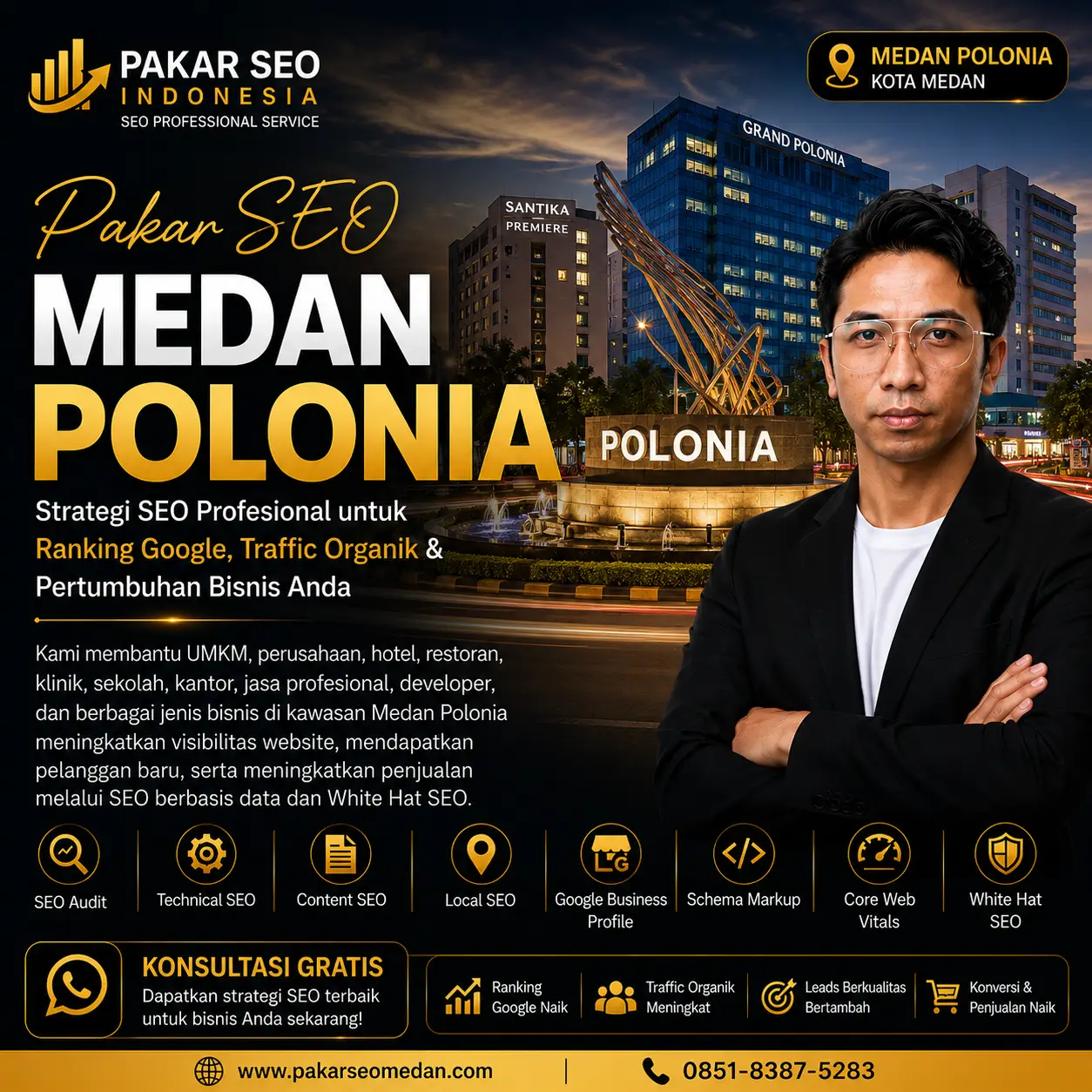 Pakar SEO Medan Polonia profesional membantu meningkatkan ranking Google, traffic organik, Google Maps, visibilitas website, dan pertumbuhan bisnis