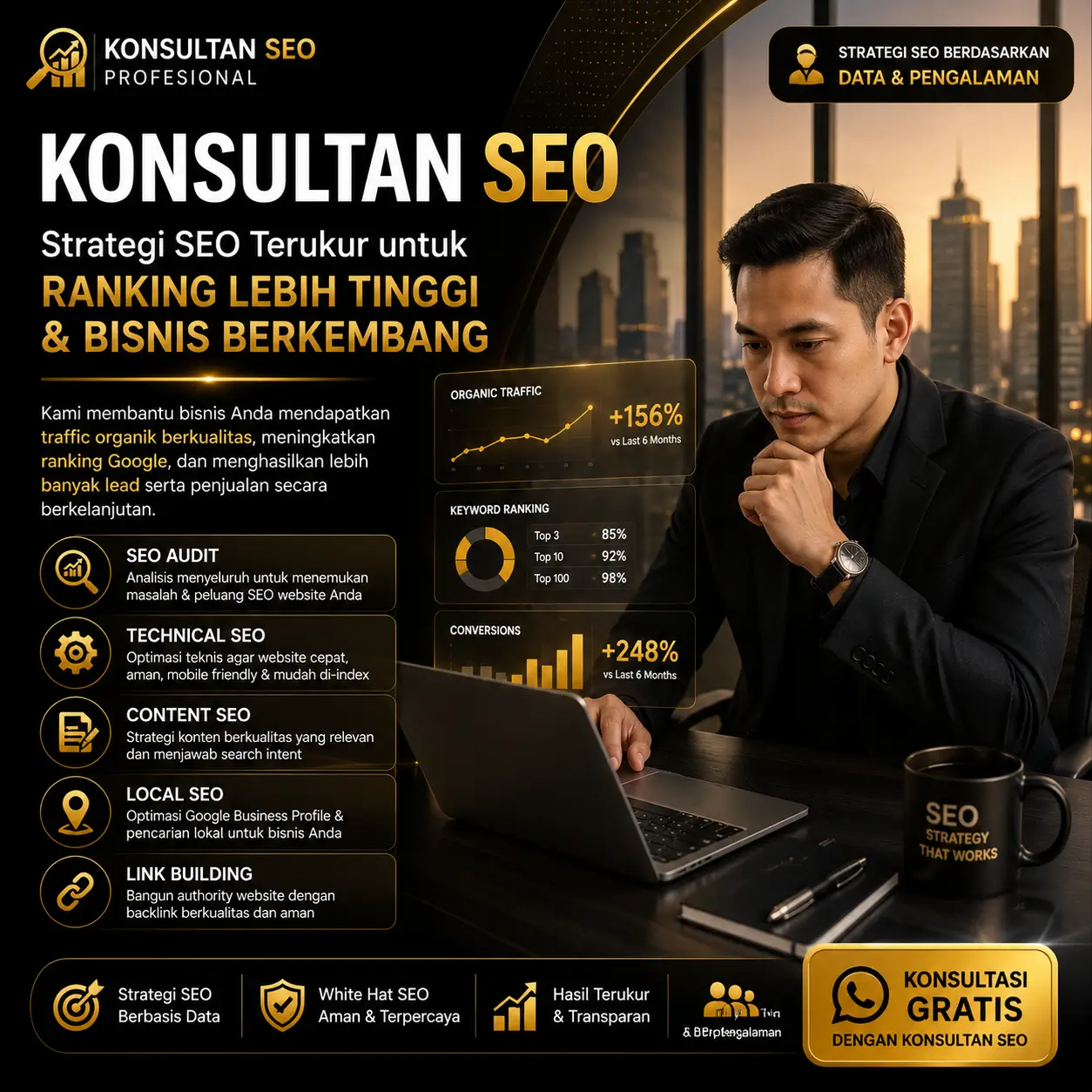 Konsultan SEO profesional membantu meningkatkan ranking Google, traffic organik, dan pertumbuhan bisnis